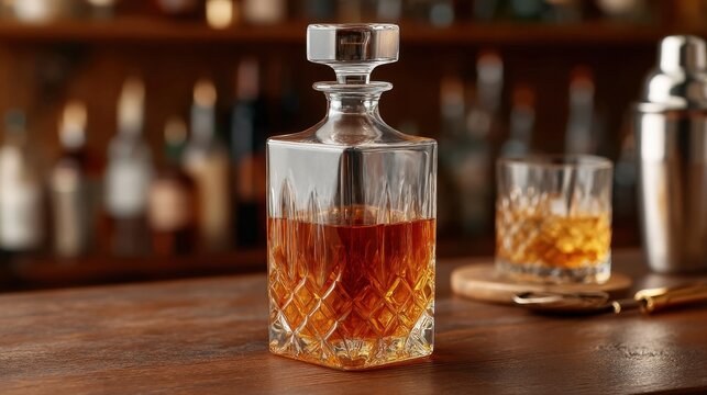 Elegant glass decanter and whiskey glass on wooden bar counter with blurred background of various liquor bottles in a stylish bar setting