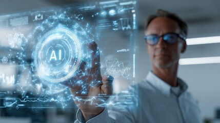scientist touches digital hologram interface for artificial intelligence - digital transformation conceptual for next generation technology era and digitalization