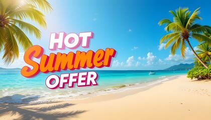 Hot Summer Offer with Tropical Beach and Palm Trees &ndash; Vacation Sale Background