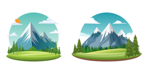 Obraz premium Beautiful mountain landscape illustration, snow capped peaks, green forest with pine trees, grassy meadow, blue sky with clouds, flat vector style, scenic alpine view, nature background, outdoor adven