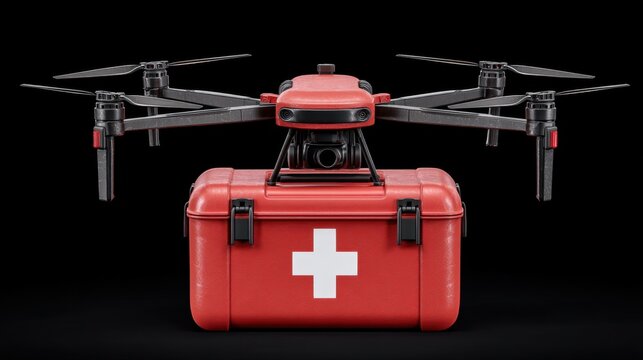 Aerial Drone with Medical Kit for Emergency Response and First Aid Delivery in Urban Settings Against Black Background