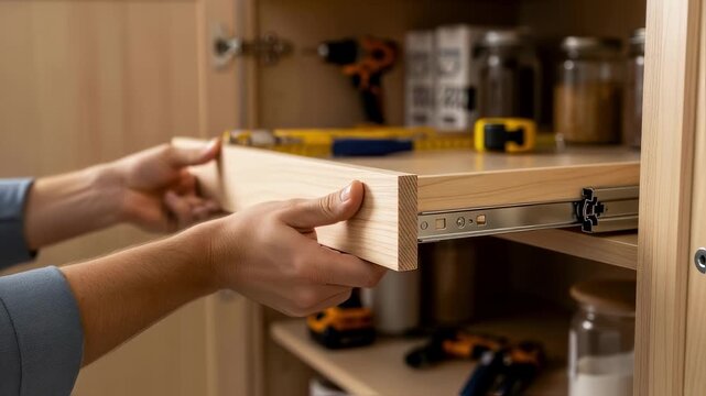 Stepbystep retrofit process of adding pullout shelves inside a wooden pantry cabinet to maximize space efficiency and ease of use.