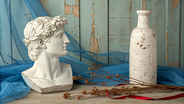 Elegant classical bust with textured bottle and dried florals, evoking a sense of timeless beauty and artistic expression, perfect for creative projects - Powered by Adobe