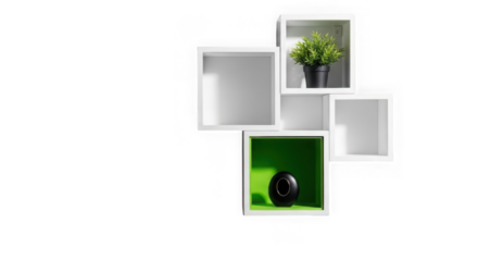 Modern white wall shelves with a green accent shelf holding a plant and a decorative sphere, isolated on transparent background