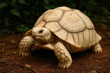 A cute baby albino African spurred tortoise (Centrochelys sulcata), also known as the Sulcata tortoise, walking on the ground.