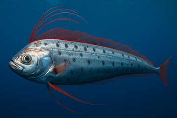 A rare Oarfish (Regalecus glesne), the world's longest bony fish, also known as the "messenger from the Sea God's palace," swimming in the deep blue ocean.