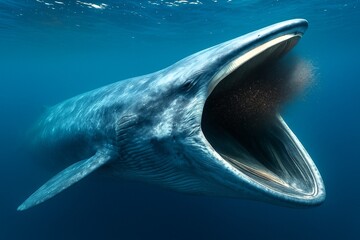 A massive Blue Whale (Balaenoptera musculus), the largest animal on Earth, lunge-feeding underwater with its mouth wide open to engulf krill.