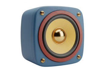 Retro blue speaker with yellow cone isolated on transparent background