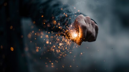 A burning firecracker in a man's hand, close-up photo, gloomy dark surroundings, focus on the object