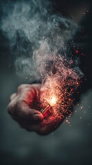 A burning firecracker in a man's hand, close-up photo, gloomy dark surroundings, focus on the object