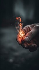 A burning firecracker in a man's hand, close-up photo, gloomy dark surroundings, focus on the object
