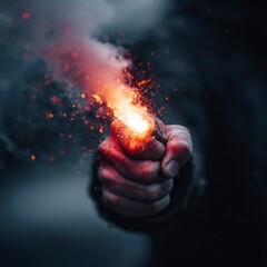 A burning firecracker in a man's hand, close-up photo, gloomy dark surroundings, focus on the object