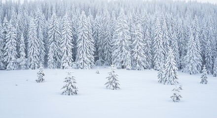 Fototapeta premium A Serene Winter Landscape: Snowy Pine Forest with Individual Trees in a Thick Blanket of White Snow, Fog and Mist in the Background, Nature Photography