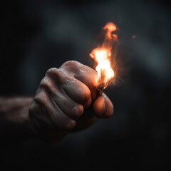 A burning petard in a man's hand, hand clenched into a fist, close-up photo, gloomy dark atmosphere, focus on the object