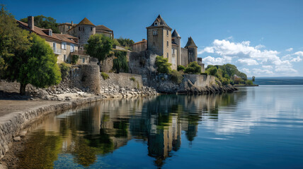 Fototapeta premium A picturesque castle sits by a serene lake, reflecting the striking architecture against a clear sky.