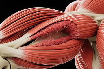Close up 3D anatomical cutaway of human muscle fibers showing intricate tissue structure for medical education fitness training and healthcare research purposes