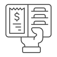 Hand with wallet thin line icon, finance concept. Vector graphics. Purse with bank bill and credit cards in hand, cash sign on white background, outline style icon for mobile or web design.