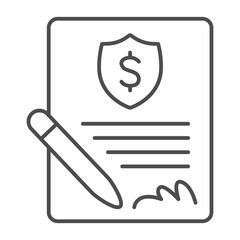 Hand signed document with bank emblem thin line icon, financial tech concept. Vector graphics. Contract paper, signature sign on white background, outline style icon for mobile or web design.