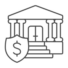 Bank building with columns and entrance thin line icon, finance concept. Vector graphics. Courthouse with bank emblem, trust sign on white background, outline style icon for mobile or web design.