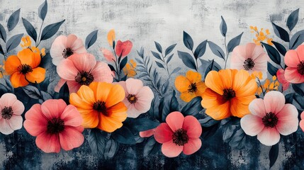 Vibrant floral border on textured backdrop