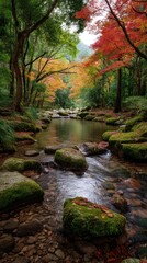 Obraz premium Tranquil stream surrounded by vibrant autumn foliage, reflecting peaceful nature and serenity, perfect for relaxation and inspiration.