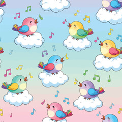 Colorful singing birds on clouds with musical notes in a whimsical pattern, seamless pattern, royalty stock.