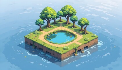 Isometric Pixel Art Island Landscape with Pond and Trees &ndash; 8-Bit Style