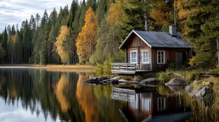 Fototapeta premium Serene lakeside cabin nestled among autumn trees, reflecting on calm waters, showcasing nature's tranquility and seasonal beauty.