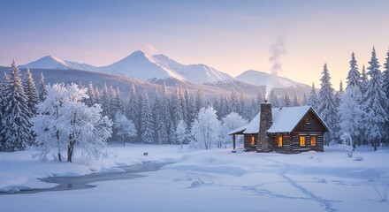 Fototapeta premium Serene Winter Landscape Featuring a Cozy Log Cabin with Lit Windows, Snowy Mountains, and Frosty Trees, Evoking Peace and Solitude