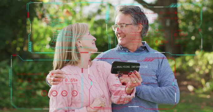 Man tapping tablet after percentage shift guiding partner through animated finance panels in garden