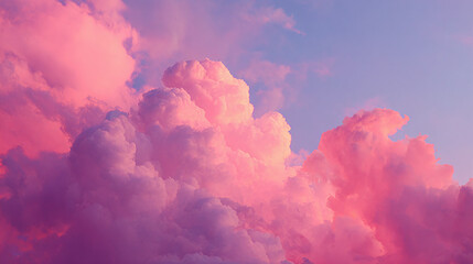 Pink-hued clouds fill the sky, creating a dreamy and ethereal atmosphere. Soft light enhances the texture of the fluffy, billowy formations.