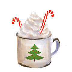 Christmas mug of hot cocoa or coffee with whipped cream and candy canes. Festive holiday drink illustration perfect for winter design, menu, greeting cards, or celebration themes.
