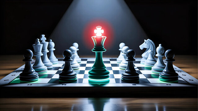 Chessboard with cyber pieces: pawns are malware, king glowing as CTI analyst.