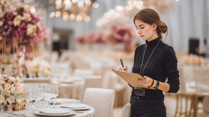 Event planner overseeing table settings in a grand banquet hall, checking arrangements. Professional and focused, ensuring every detail is perfect.