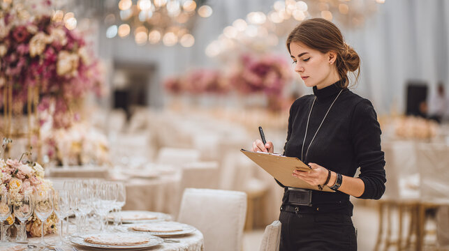 Event planner overseeing table settings in a grand banquet hall, checking arrangements. Professional and focused, ensuring every detail is perfect.
