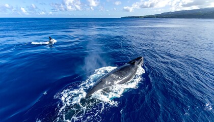 Fototapeta premium Majestic humpback whale gracefully breaching the ocean surface, alongside a playful dolphin.