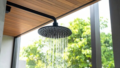 Outdoor shower with black circular showerhead under wooden roof—water streams down amid lush green foliage, evoking eco-luxury, nature immersion, and stylish open-air bathing design.
