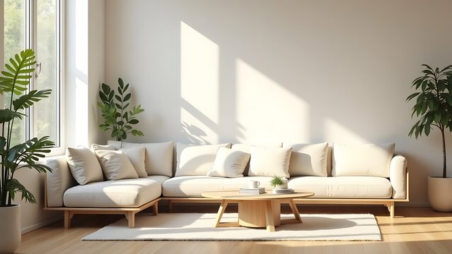 Sunlit modern living room interior featuring a comfortable beige sofa, wooden furniture, and green houseplants in a minimalist Japandi style design