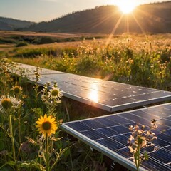 Modern solar panel array in a sunrise-lit field, close-up on a single glistening panel with lens flare, wildflowers in foreground, clean composition, no people,Generative Ai
