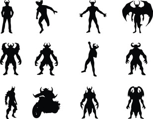 Demon silhouette collection, black fantasy creature icons, monstrous poses, vector illustration, horror design, supernatural figure, beast, dark character