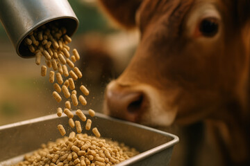 Livestock feeding factory system automated pellet feed pouring into metal trough with brown cow closeup showing texture movement and warm farm atmosphere