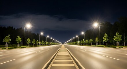 An endless stretch of illuminated highway disappearing into the dark horizon under a vast night sky, creating a serene and captivating path for an unseen journey