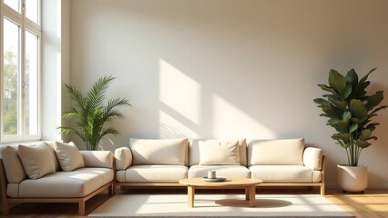 Sunlit living room showcases a sectional sofa with plants, creating a modern, minimalist atmosphere.