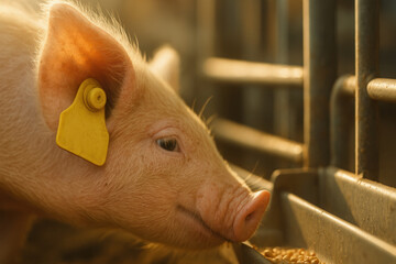 Piglet feeding in livestock barn with automated factory system sensor tag and golden light creating calm mood