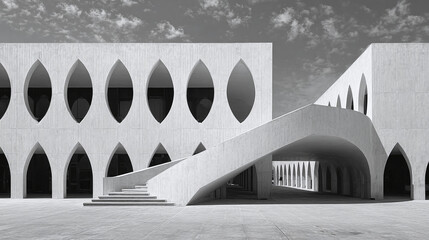 Monochrome architectural shot featuring a modern concrete building with unique oval window designs and a sweeping overhead walkway. Minimalist elegance.