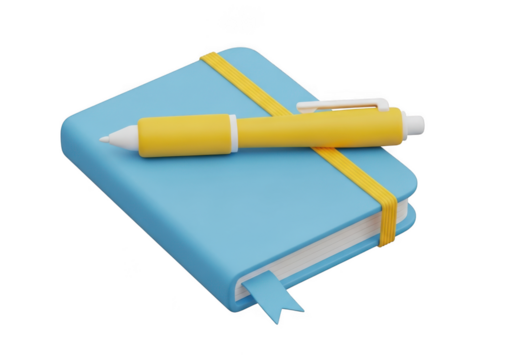 Blue notebook with yellow pen isolated on transparent background