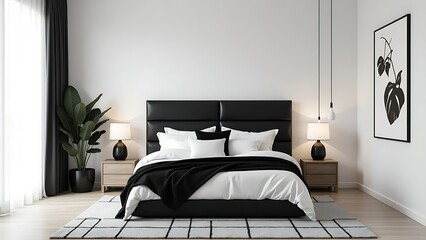 Serene bedroom interior showcases a black platform bed, white linens, and minimalist decor elements.