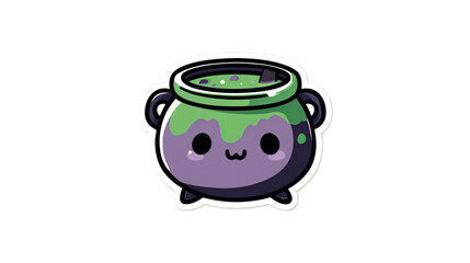 Cute Kawaii Cauldron Sticker with Bubbling Green Potion on Black Background