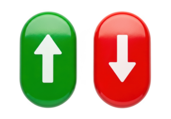 Green up arrow and red down arrow buttons isolated on transparent background