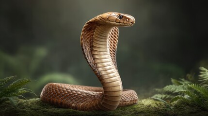 Fototapeta premium Majestic Brown Snake Coiling Gracefully in Lush Greenery, Captured in a Serene Natural Habitat with Soft Light and Detailed Textures